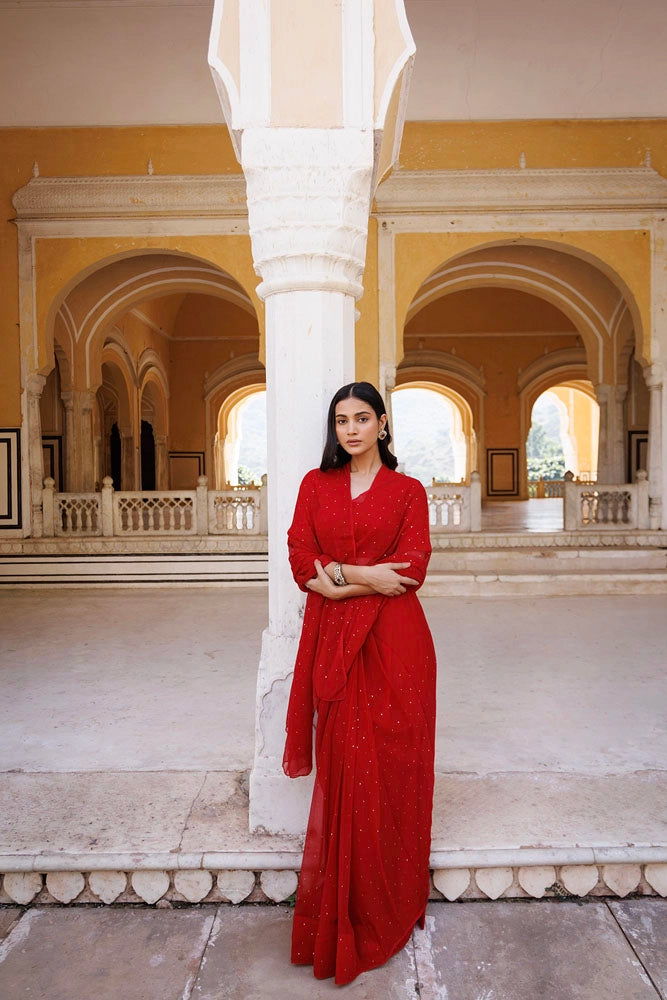 Red Hand Embroidered Mukaish Ready to Wear Chiffon Saree