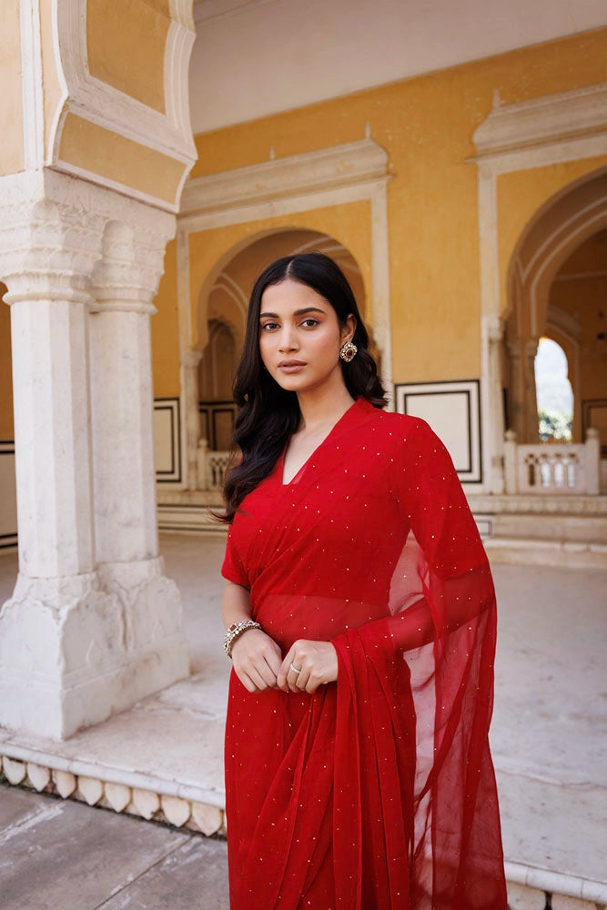Red Hand Embroidered Mukaish Ready to Wear Chiffon Saree