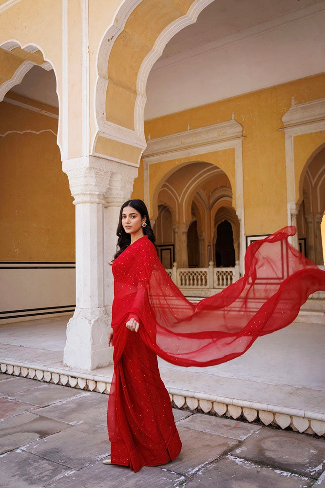 Red Hand Embroidered Mukaish Ready to Wear Chiffon Saree