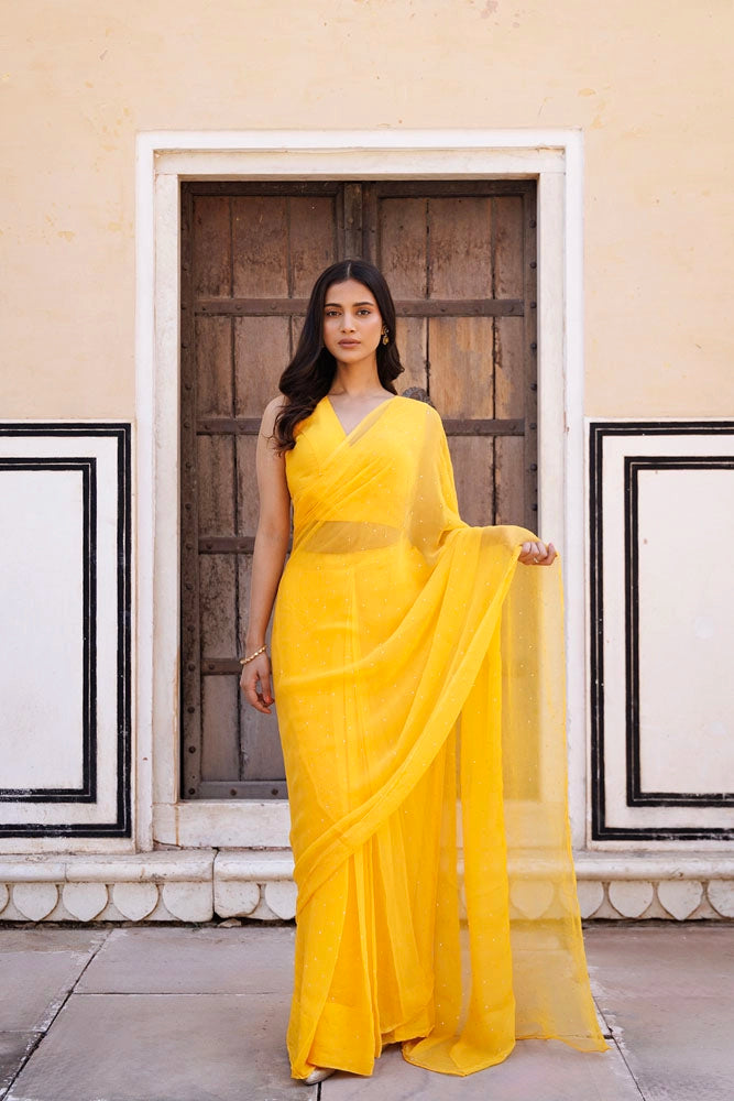 Yellow Hand Embroidered Mukaish Ready To Wear Chiffon Saree