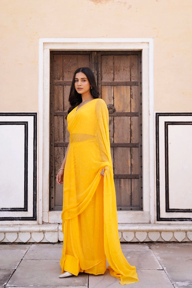 Yellow Ready to Wear Chiffon Saree