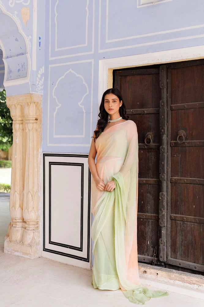Shaded Green & Peach Hand Embroidered Mukaish Ready to Wear Chiffon Saree