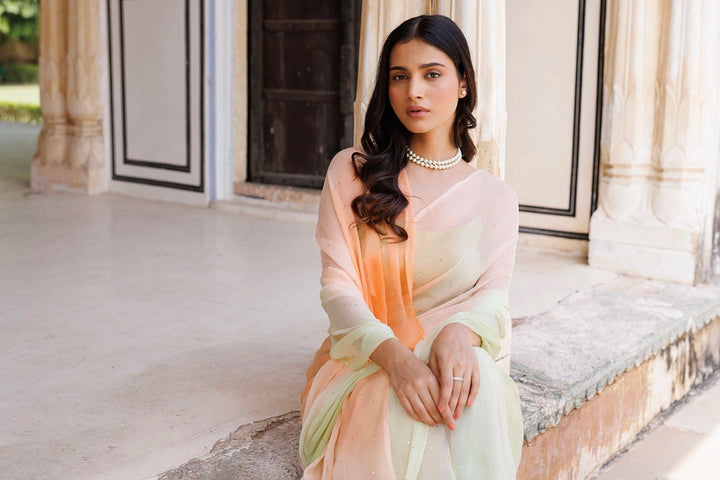 Shaded Green & Peach Hand Embroidered Mukaish Ready to Wear Chiffon Saree