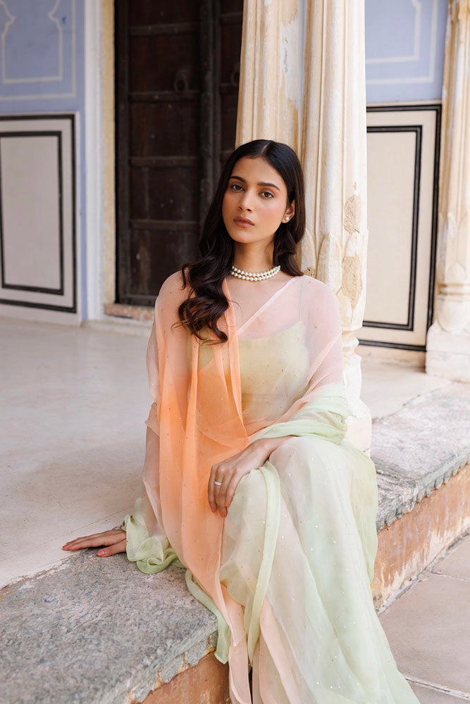 Shaded Green & Peach Hand Embroidered Mukaish Ready to Wear Chiffon Saree
