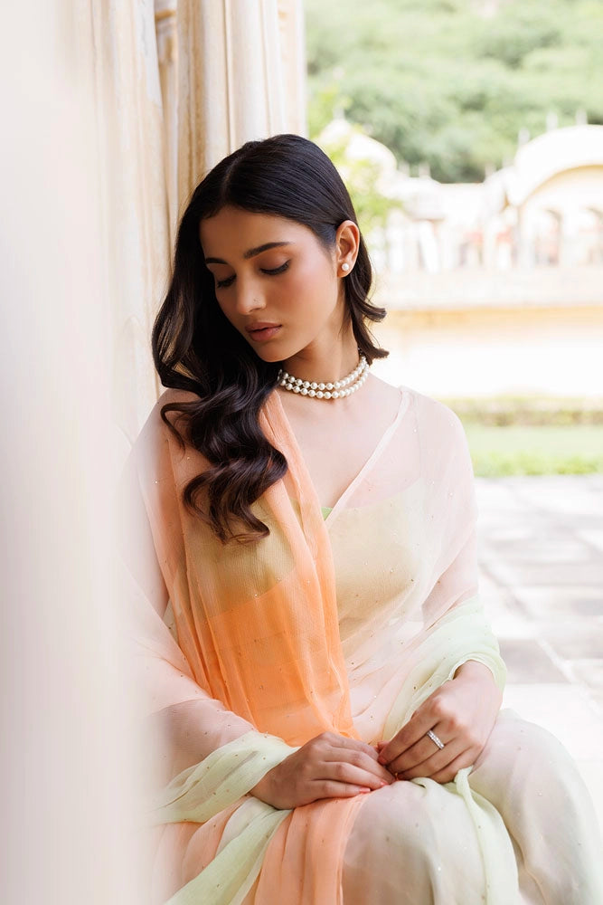 Shaded Green & Peach Hand Embroidered Mukaish Ready to Wear Chiffon Saree