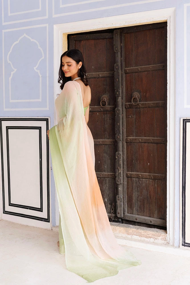 Shaded Green & Peach Hand Embroidered Mukaish Ready to Wear Chiffon Saree