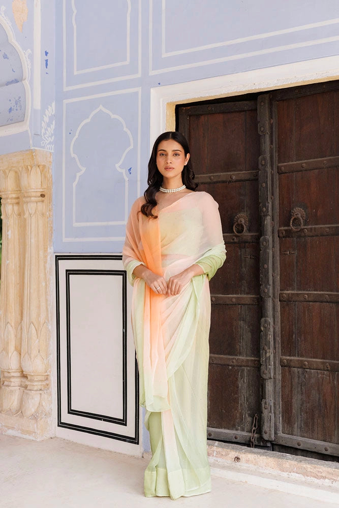 Green-Peach Hand Embroidered Mukaish Chiffon Saree