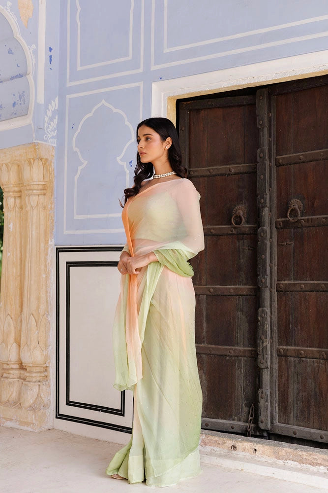 Shaded Green & Peach Hand Embroidered Mukaish Ready to Wear Chiffon Saree