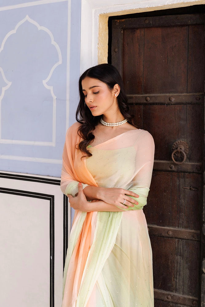 Shaded Green & Peach Hand Embroidered Mukaish Ready to Wear Chiffon Saree