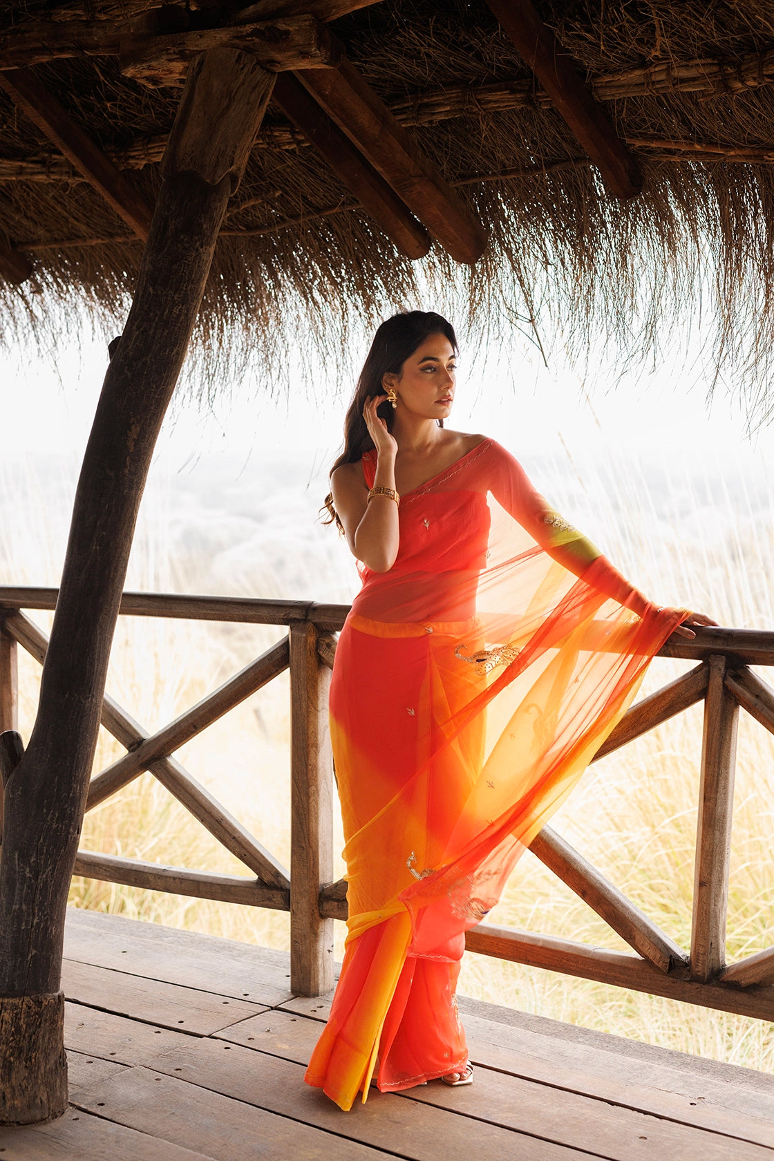Yellow & Orange Shaded Stitched Chiffon Saree