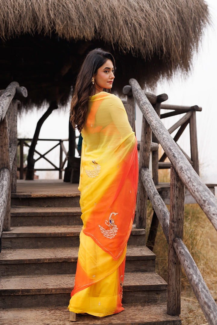 Yellow & Orange Shaded Stitched Chiffon Saree