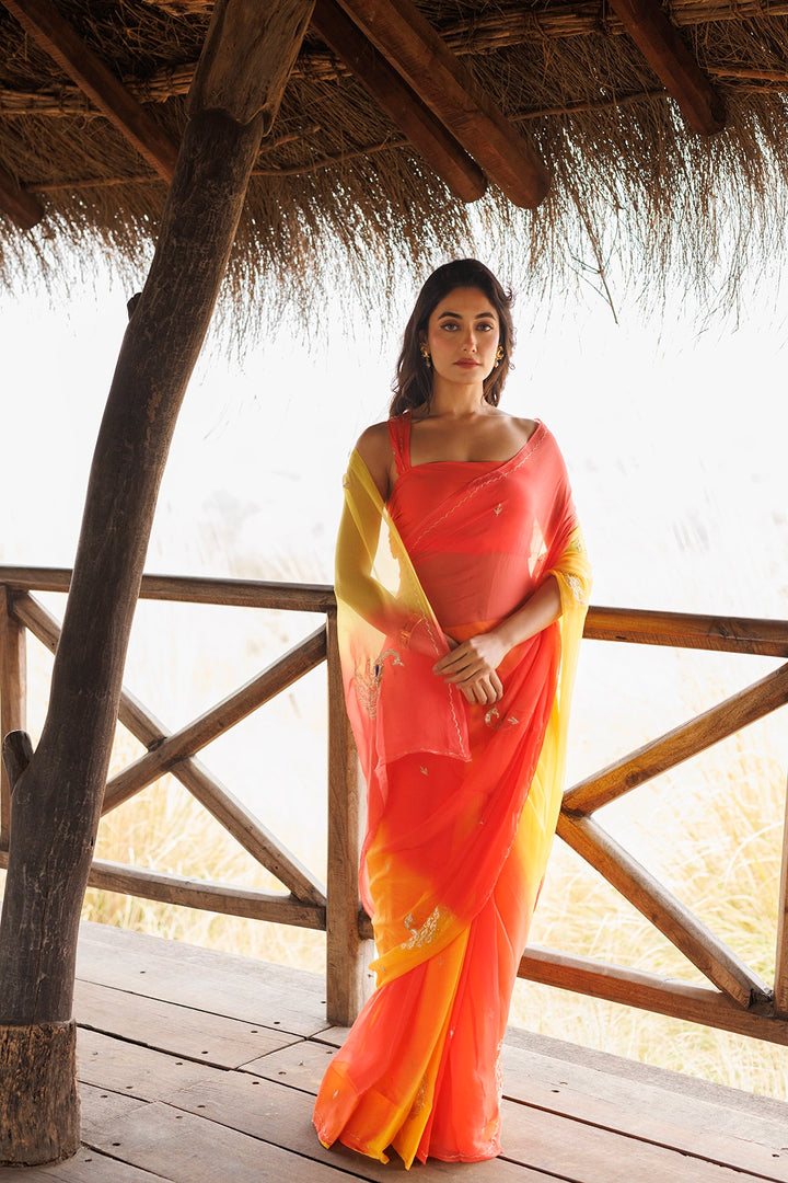 Yellow & Orange Shaded Stitched Chiffon Saree
