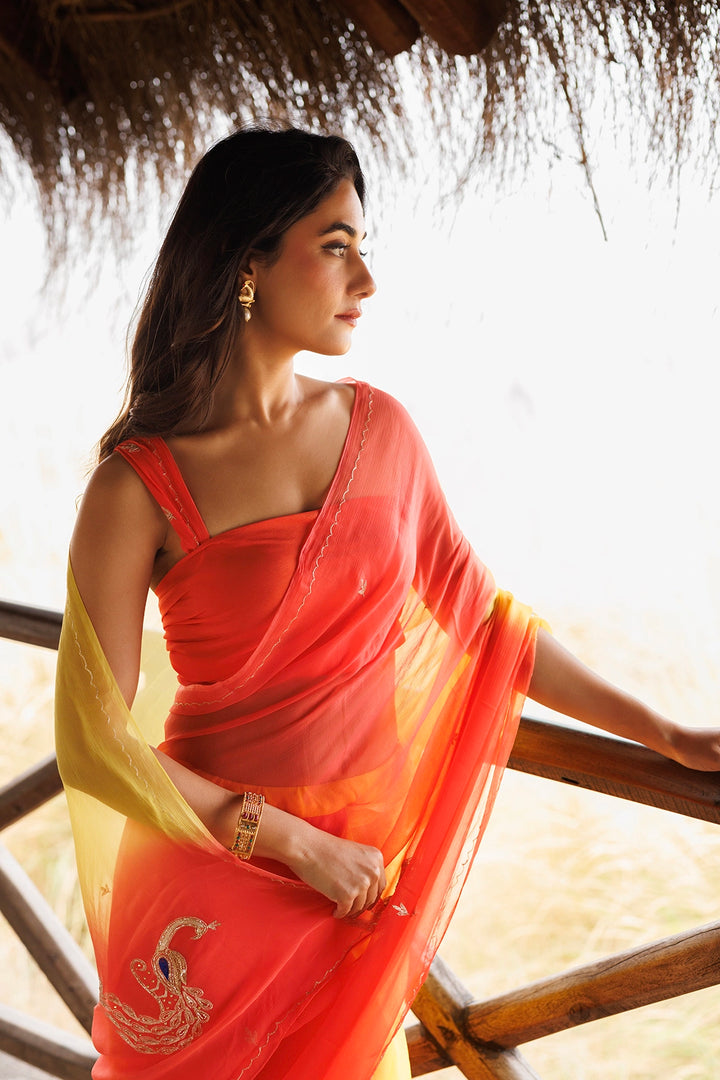 Yellow & Orange Shaded Stitched Chiffon Saree