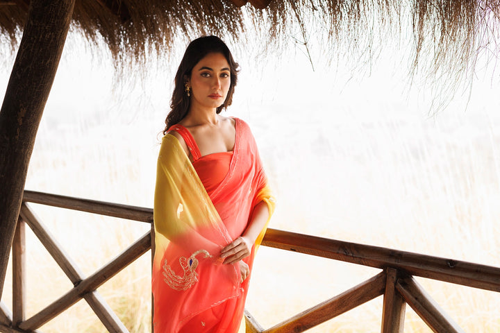 Yellow & Orange Shaded Stitched Chiffon Saree