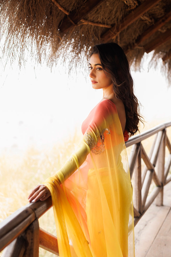 Yellow & Orange Shaded Stitched Chiffon Saree