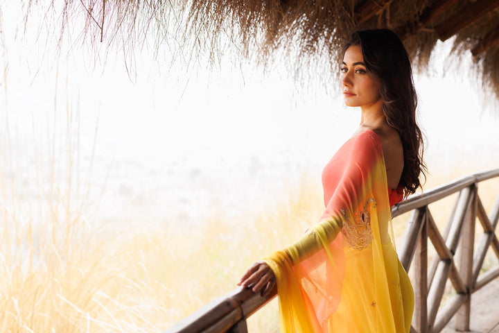 Yellow & Orange Shaded Stitched Chiffon Saree