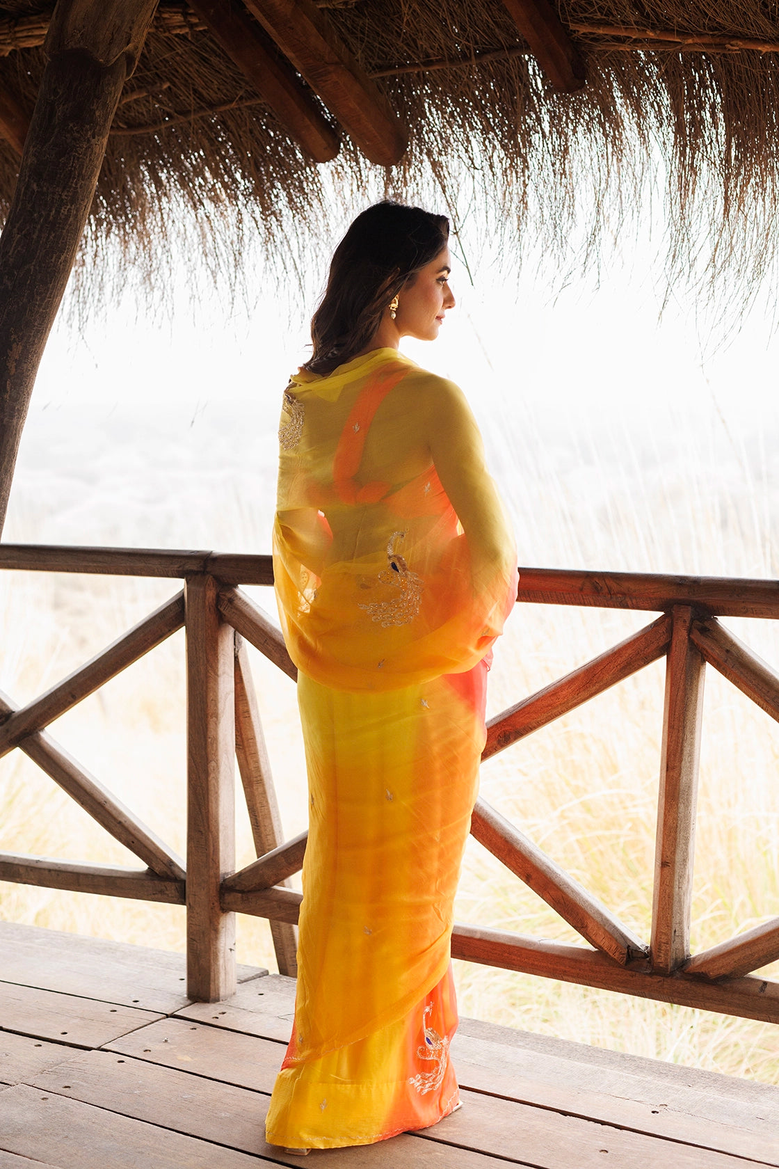 Yellow & Orange Shaded Stitched Chiffon Saree