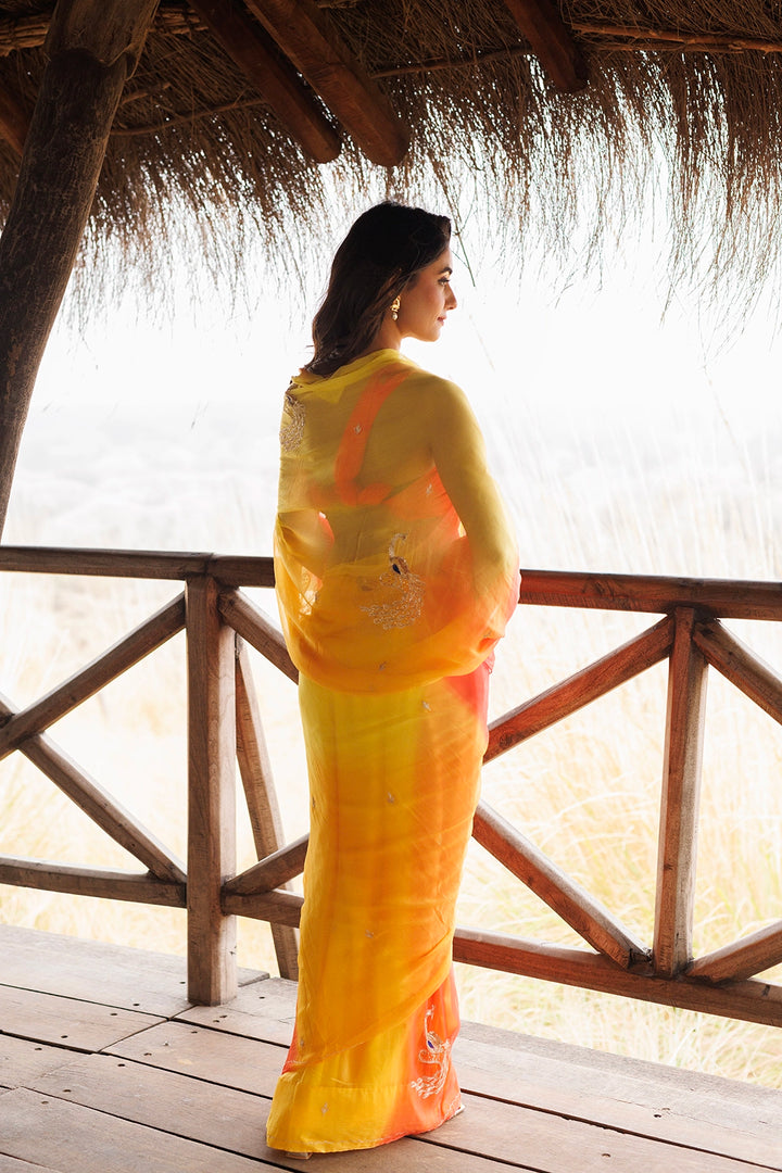 Yellow & Orange Shaded Stitched Chiffon Saree