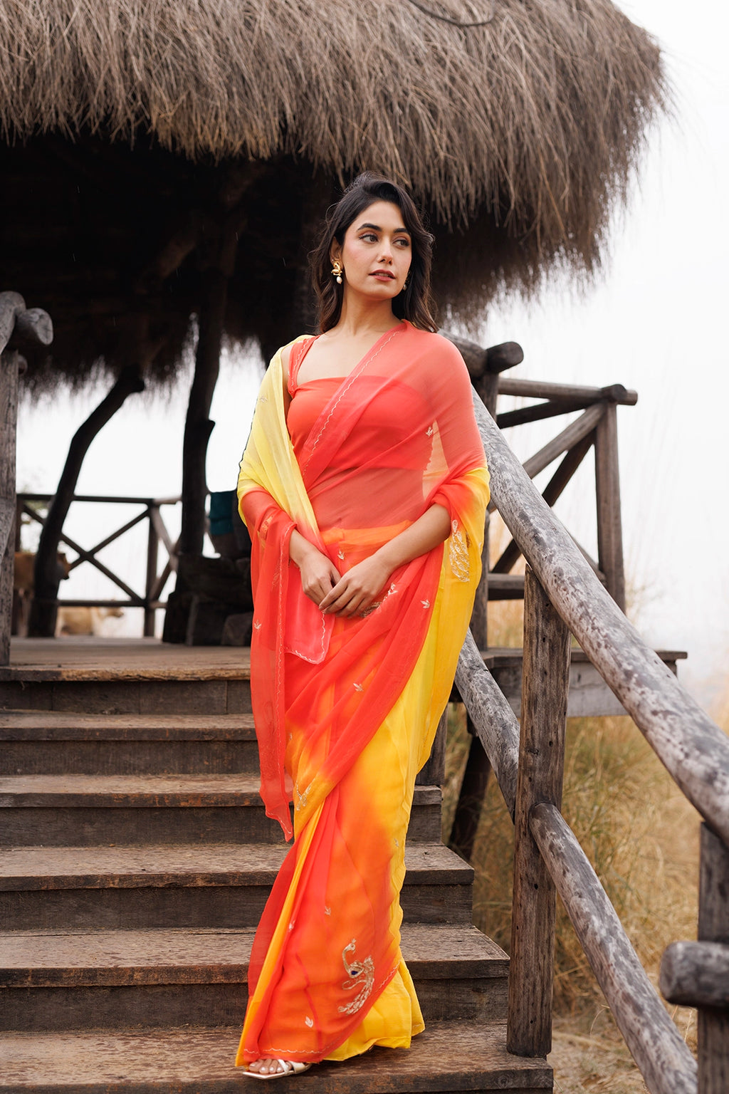 Yellow & Orange Shaded Stitched Chiffon Saree