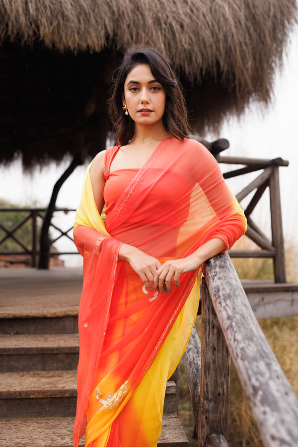 Yellow & Orange Shaded Stitched Chiffon Saree