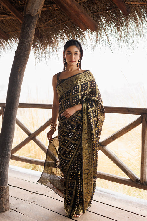 Black Handwoven Bandhani Silk Saree