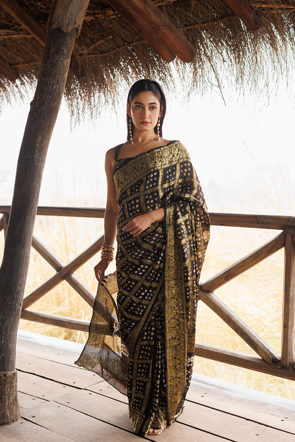 Black Handwoven Bandhani Silk Saree