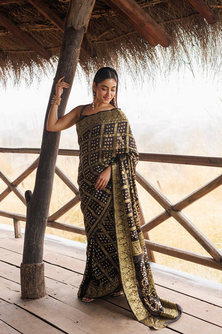 Black Handwoven Bandhani Silk Saree