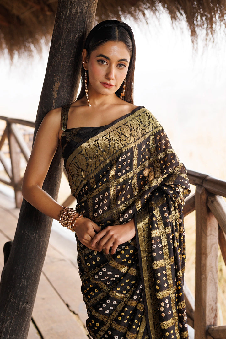 Black Handwoven Bandhani Silk Saree