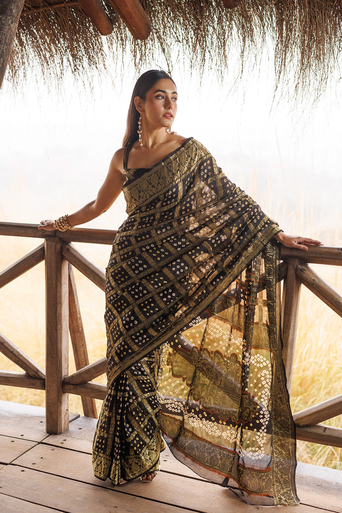 Black Handwoven Bandhani Silk Saree