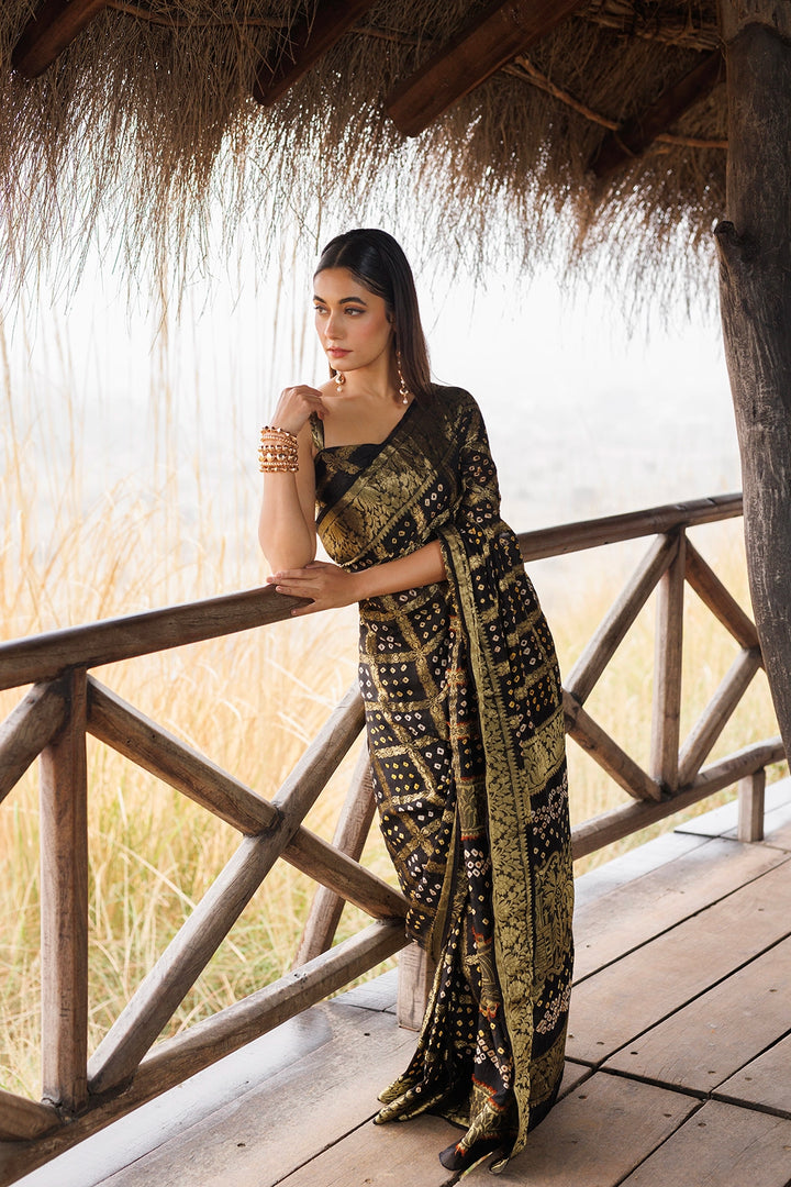 Black Handwoven Bandhani Silk Saree