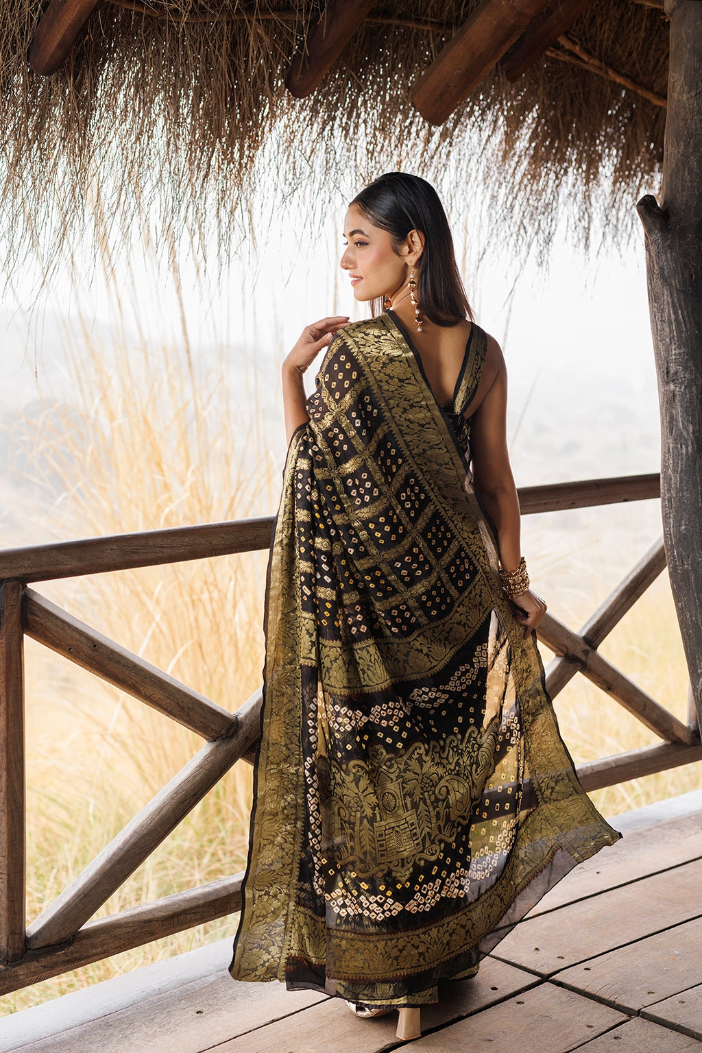 Black Handwoven Bandhani Silk Saree