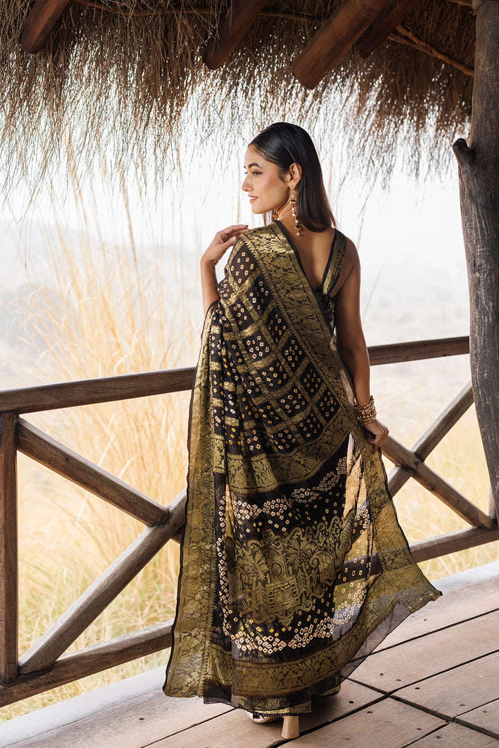 Black Handwoven Bandhani Silk Saree