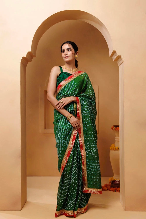 Green Bandhani Pre-Draped Silk Saree