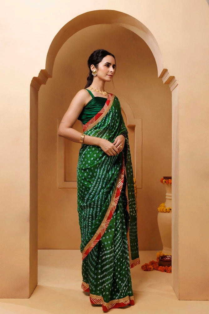 Green Bandhani Pre-Draped Silk Saree