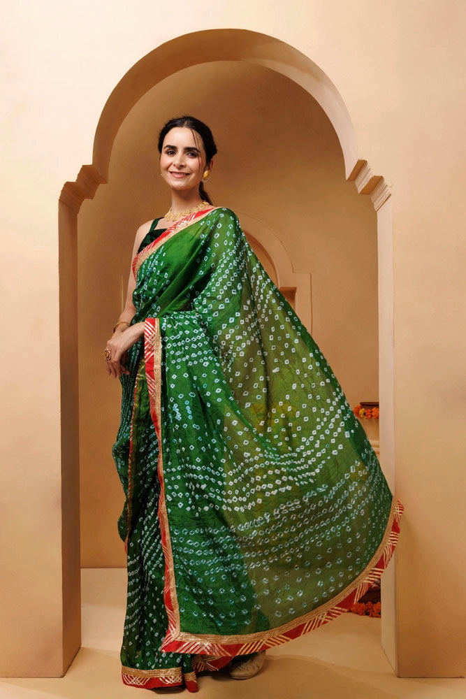 Green Bandhani Pre-Draped Silk Saree