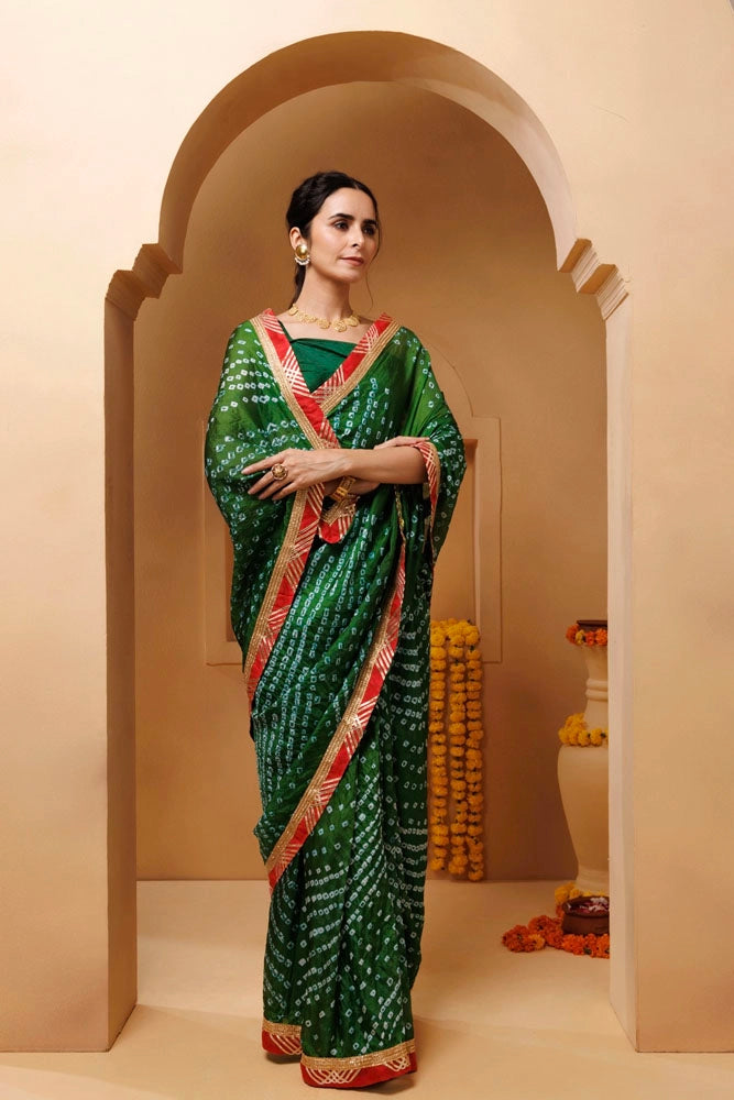 Green Bandhani Pre-Draped Silk Saree