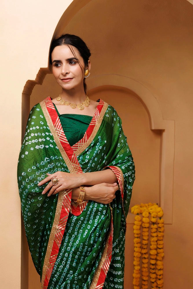 Green Bandhani Pre-Draped Silk Saree