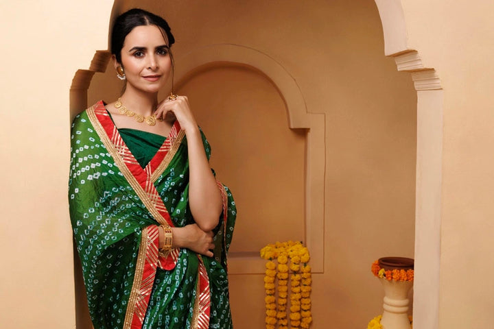 Green Bandhani Pre-Draped Silk Saree