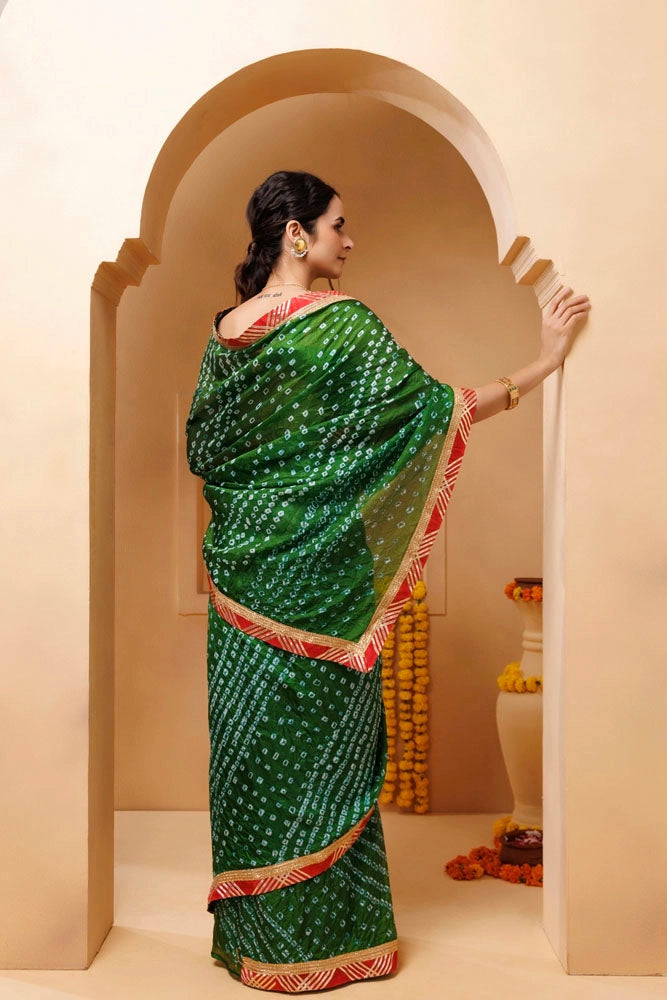 Green Bandhani Pre-Draped Silk Saree
