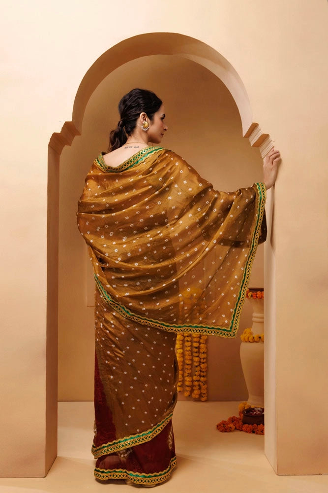 Brown-Maroon Bandhani Silk Draped Saree