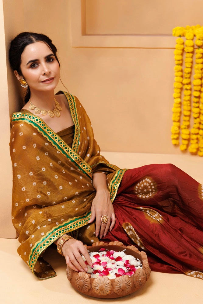 Brown-Maroon Bandhani Silk Draped Saree