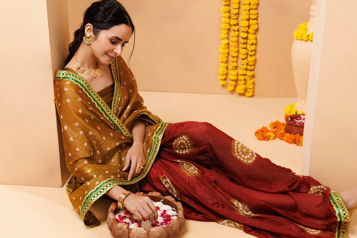 Brown-Maroon Bandhani Silk Draped Saree