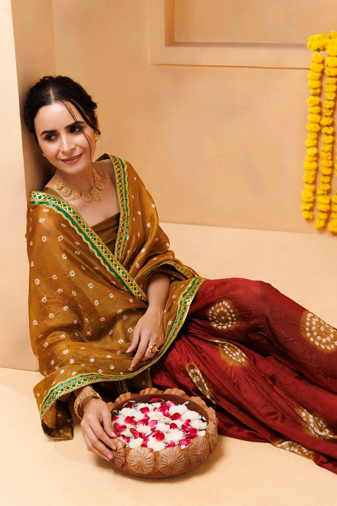 Brown-Maroon Bandhani Silk Draped Saree