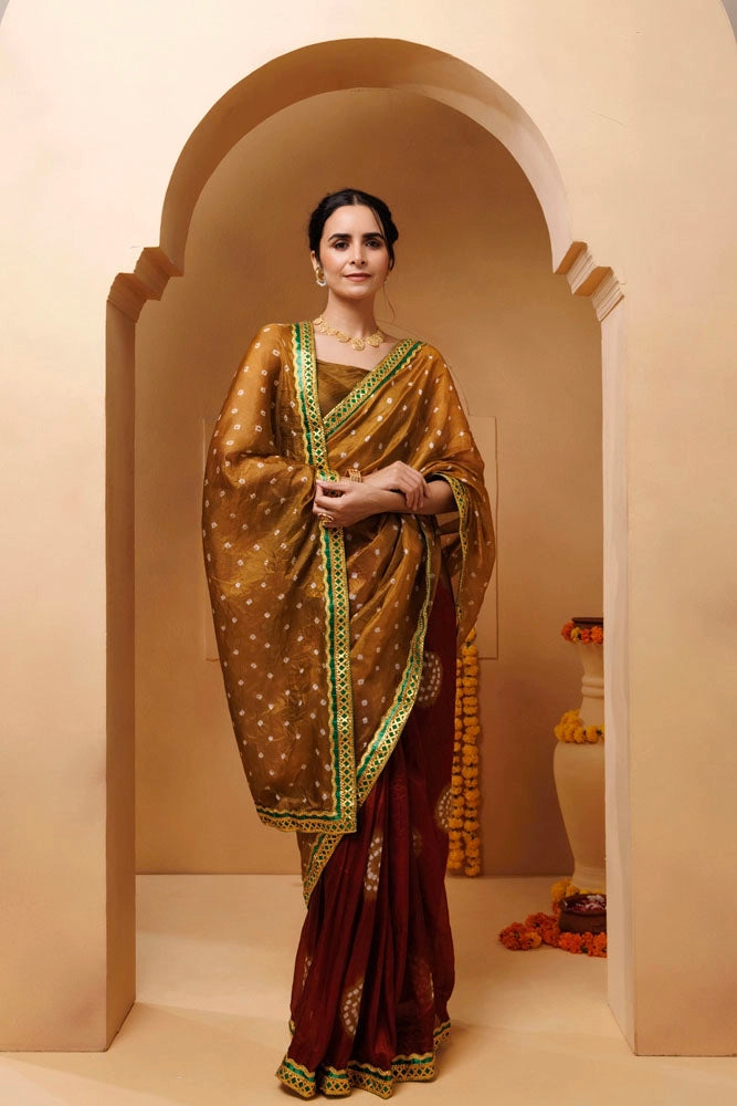Brown-Maroon Bandhani Silk Draped Saree