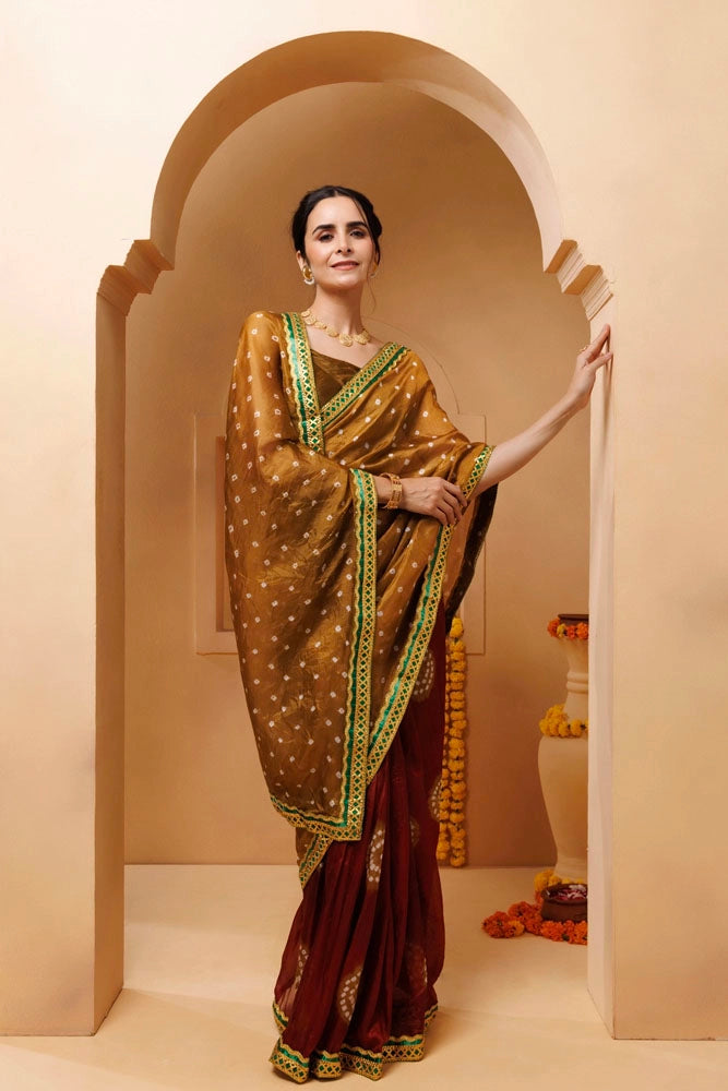 Brown-Maroon Bandhani Silk Draped Saree