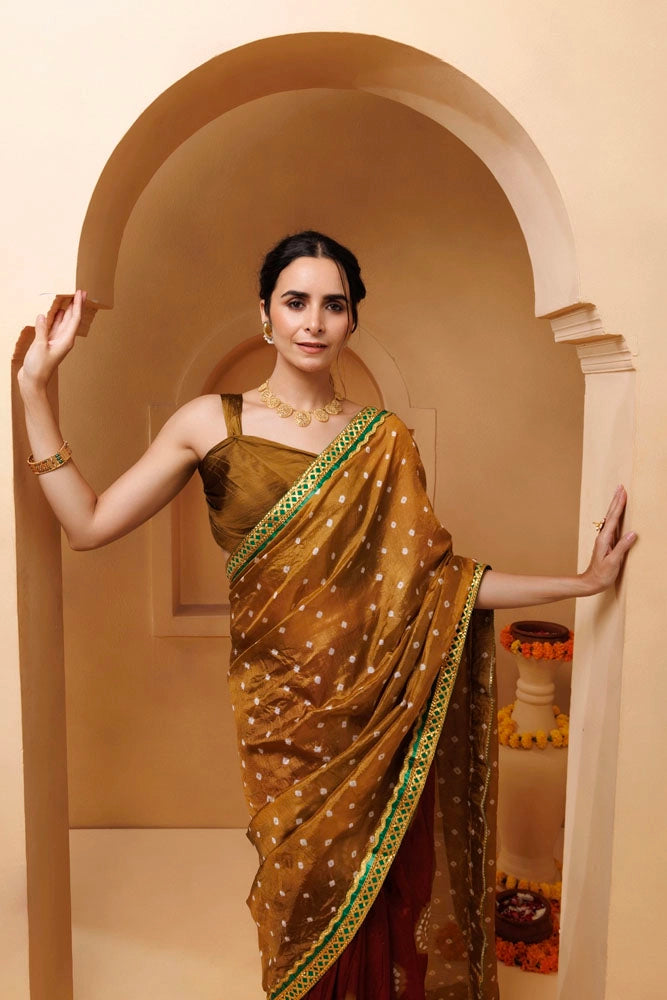 Brown-Maroon Bandhani Silk Draped Saree