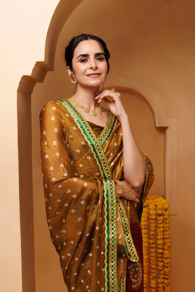 Brown-Maroon Bandhani Silk Draped Saree