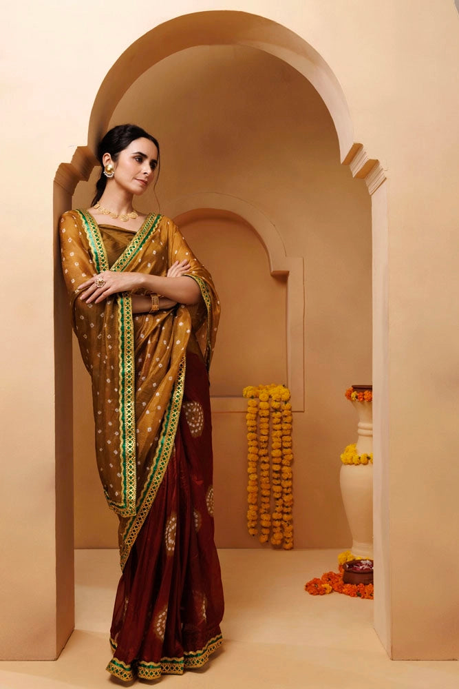 Brown-Maroon Bandhani Silk Draped Saree