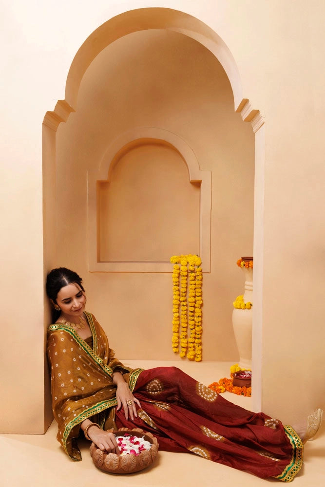Brown-Maroon Bandhani Silk Draped Saree