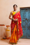 Red-Yellow Bandhani Pre-Draped Silk Saree